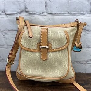 Dooney & Bourke Monogram Canvas Leather Pale Yellow Letter Carrier Crossbody Bag